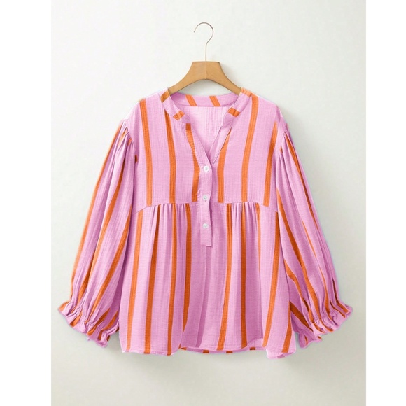 Pink with Red Stripes Oversized Button Down Shirt Batwing Sleeve - Picture 3 of 5